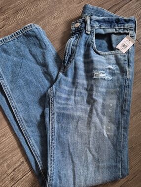 GAP Light Blue Cotton Straight Kid's Jeans with Subtle Distress